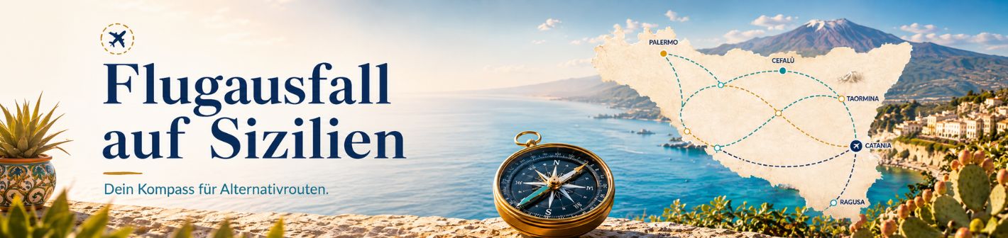 Karte Siziliens mit gestrichelten Verbindungslinien zwischen Palermo, Cefalù, Taormina, Catania und Ragusa, davor ein Kompass. Bildtitel: Flugausfall auf Sizilien, dein Kompass für Alternativrouten.